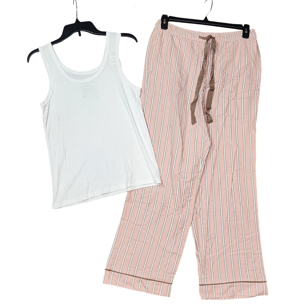 State of Day Intimates Pajama Set White Ribbed Tank Pink Striped Pants Medium
